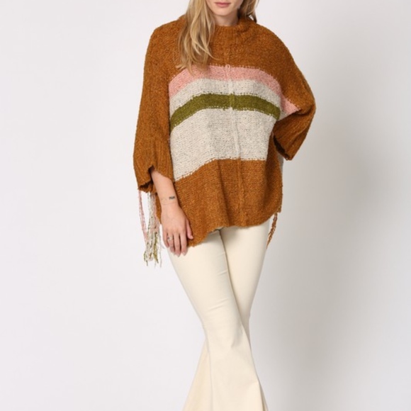 Last 1! NWT Boho fringe striped poncho Sweater - Picture 1 of 9
